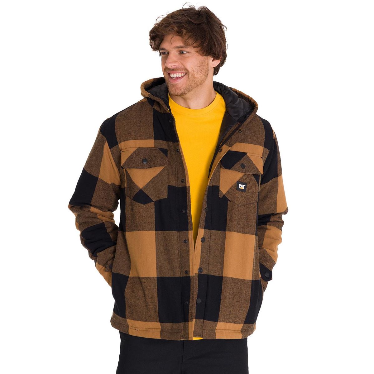 CAT - Chaqueta Hooded Flannel Hombre Negro y Café CAT
