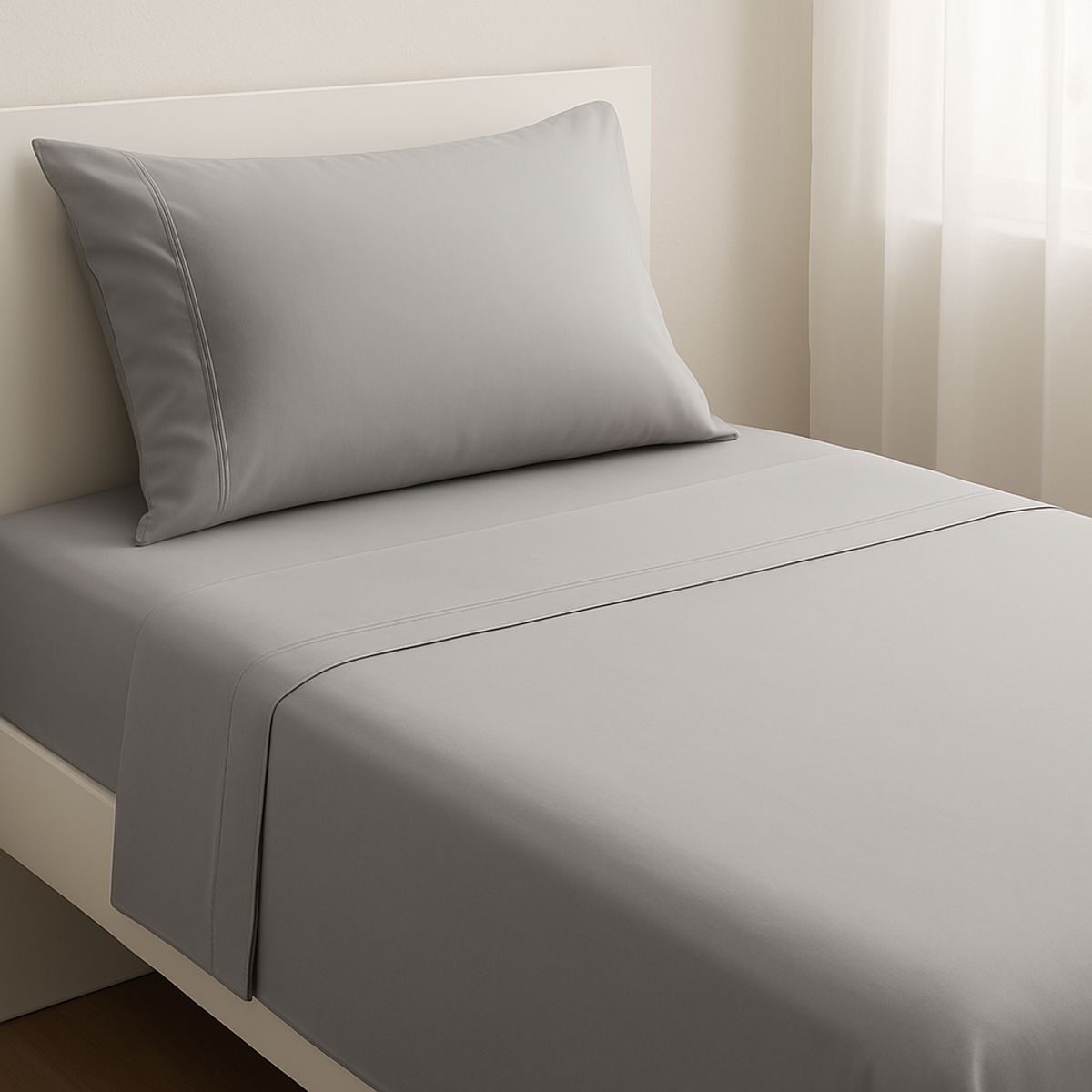 LE NUIT - Sábanas 1 Plaza Algodón Giza Percale  Egipcio 300 Hilos Gris