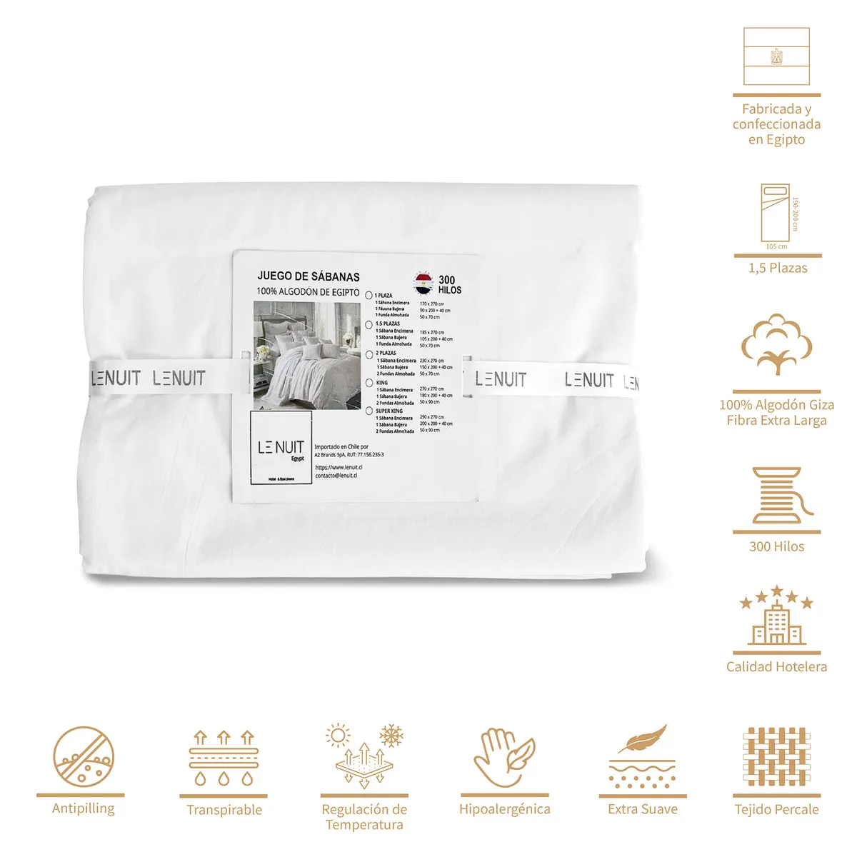 LE NUIT - Sábanas 1,5 Plazas Algodón Giza Percale Egipcio 300 Hilos Liso Blanco