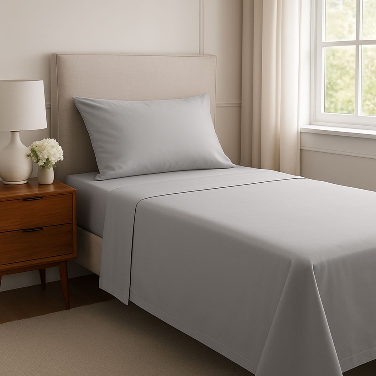 LE NUIT - Sábanas 1,5 Plazas Algodón Giza Percale Egipcio 300 Hilos Gris