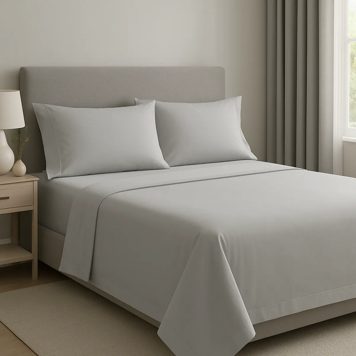 LE NUIT - Sábanas 2 Plazas Algodón Giza Percale Egipcio 300 Hilos Gris
