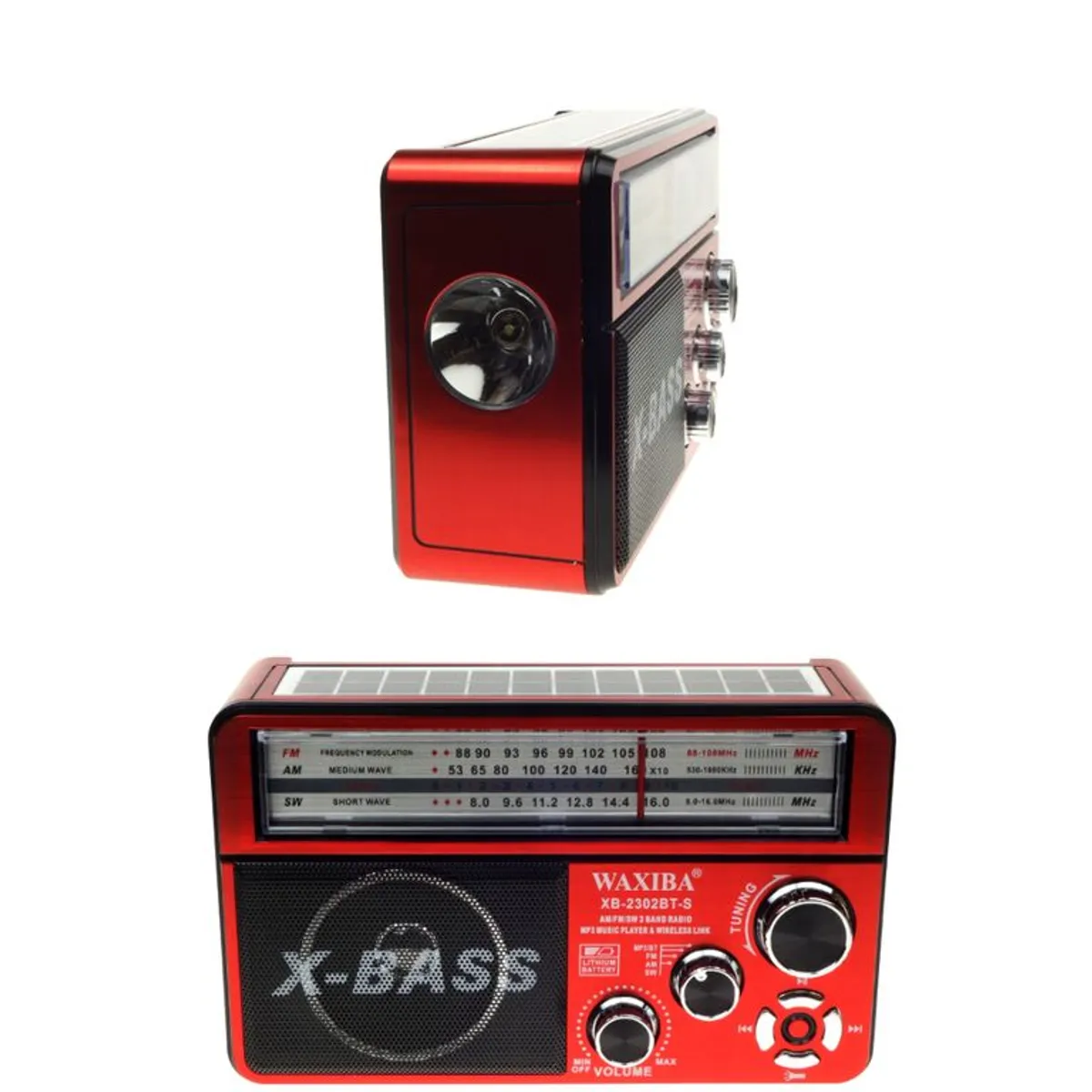 GENERICO - Radio Solar Portatil Con Linterna Bluetooth Puerto Usb 3 Bandas AmFmSw Antena Mp3 Puerto Tarjeta Sd Color Rojo