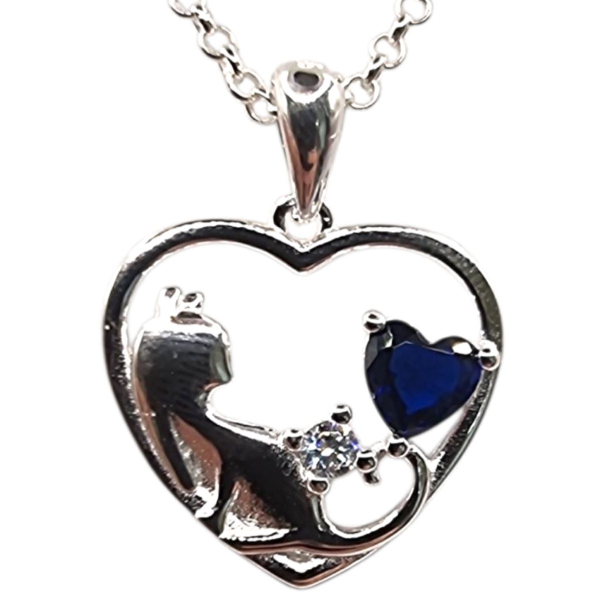 LK LUKSO - Collar Corazón con Gatito y Circones Azul Zafiro en Plata 925