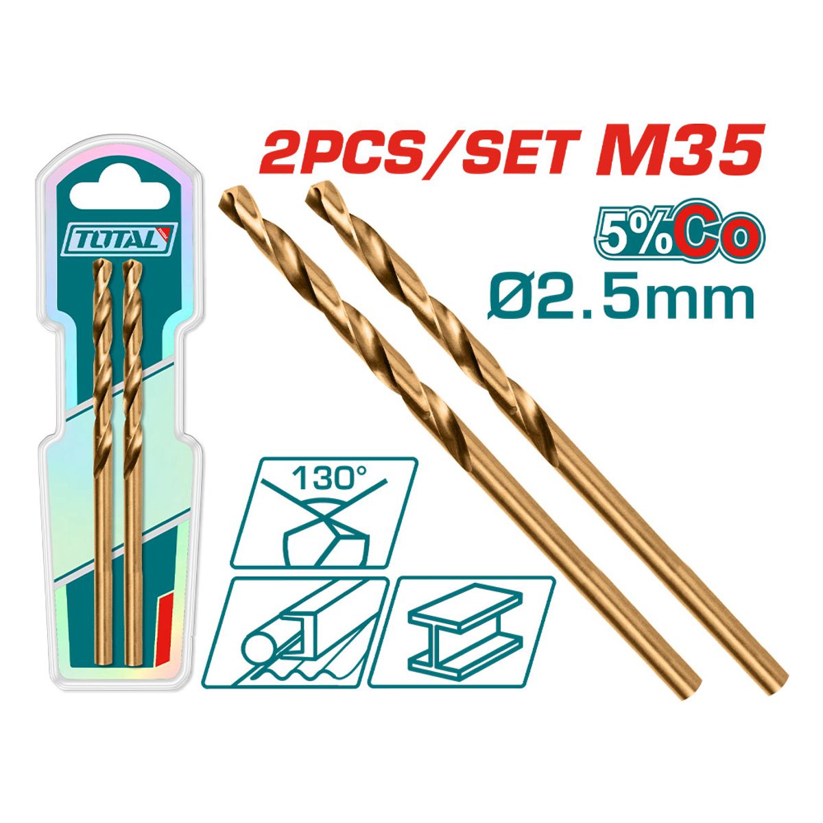 TOTAL TOOLS - Set 2 Piezas Broca HSS-CO M35 2.5mm Total