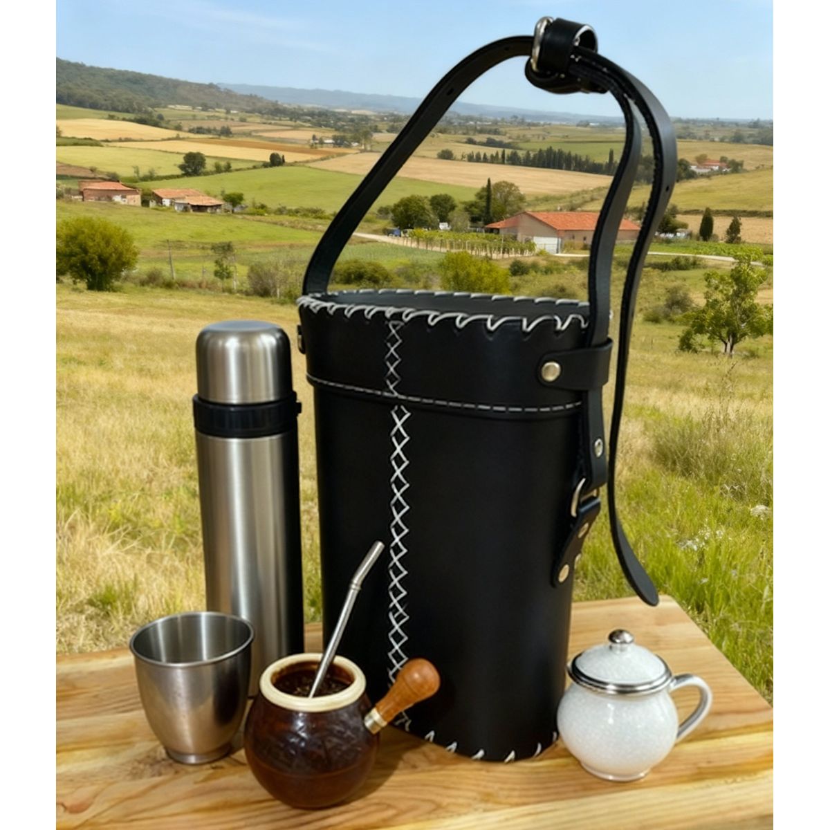 GENERICO - BOLSO MATERO NEGRO 100% CUERO