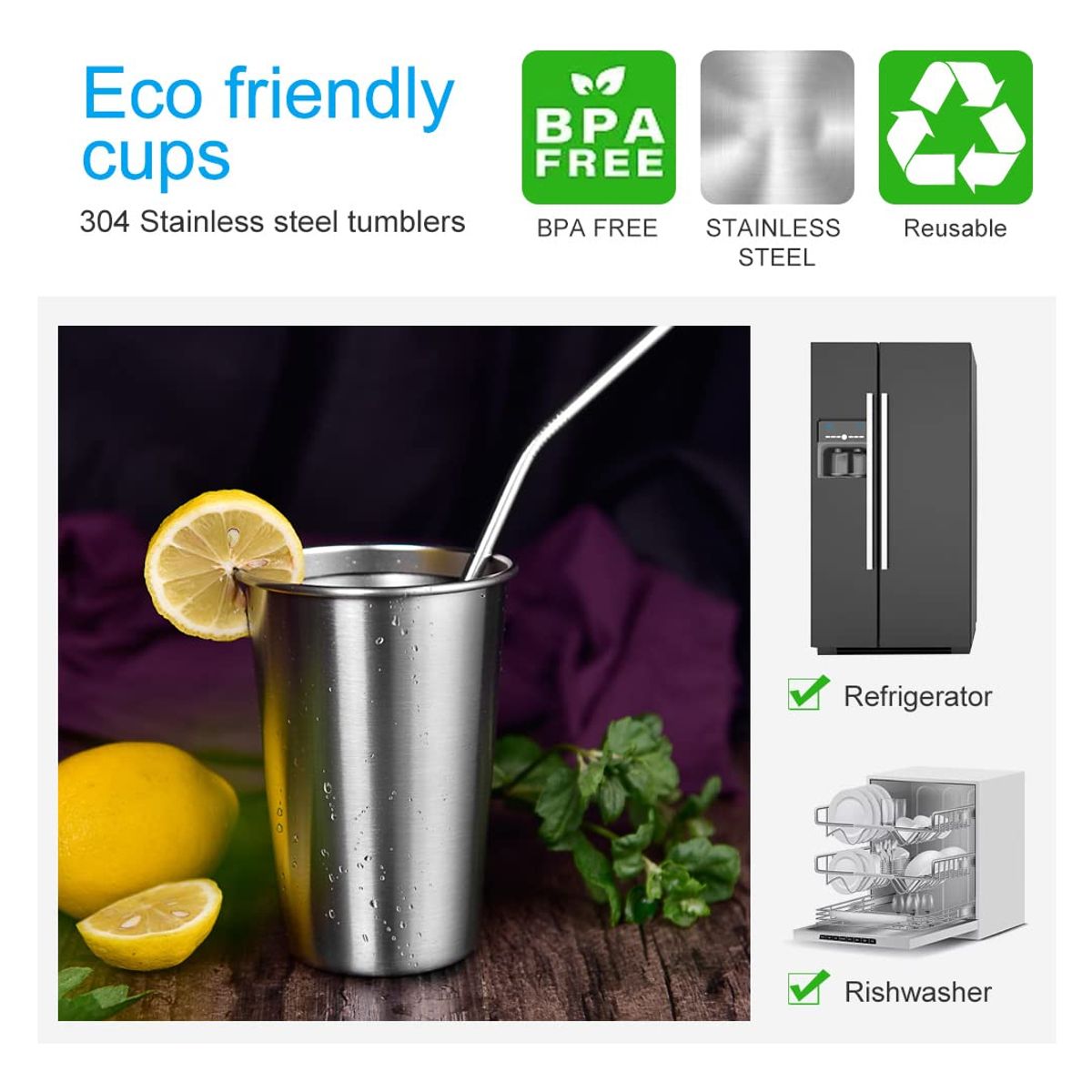 GENERICO - Set 6 Vasos De Acero Inoxidable 400ml Apilable Yreutilizable