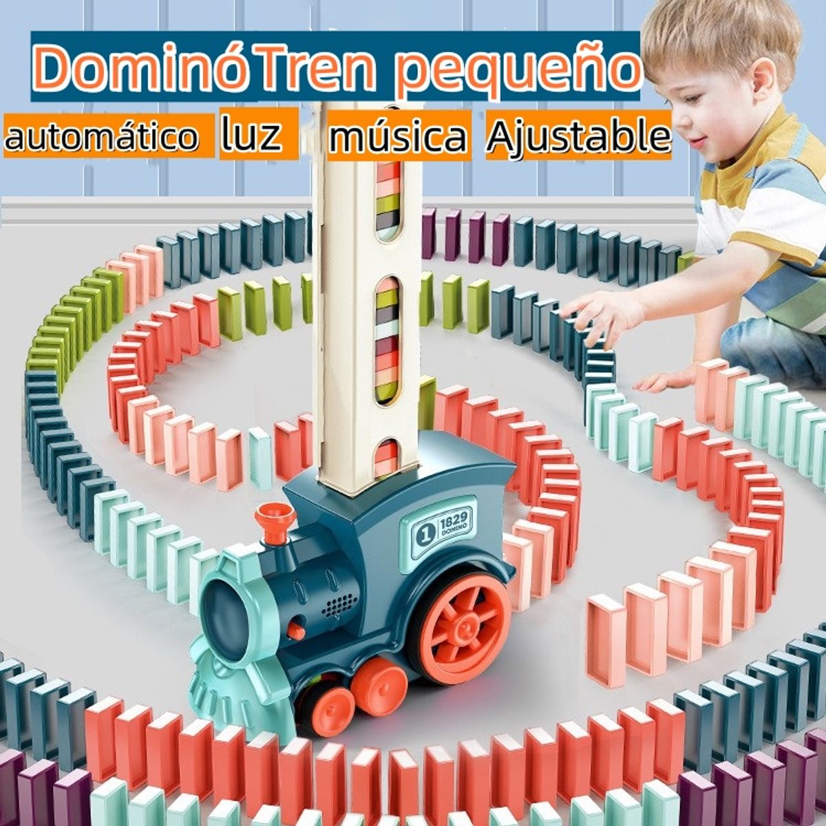 TATEE - Juguete de tren dominó +100 fichas de dominó con música luz