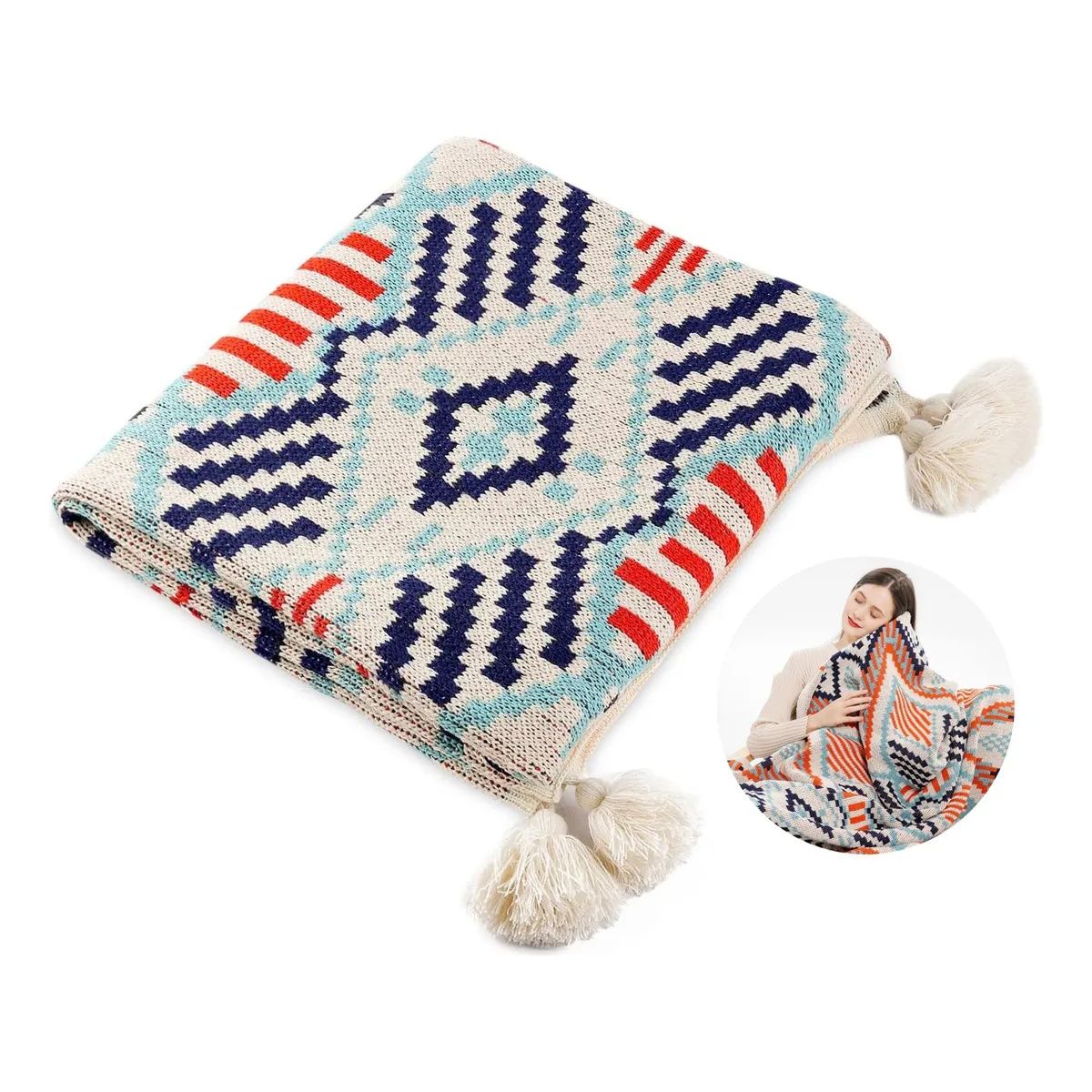 KUANGYE - Manta Decorativa Tejida Para Sillon Piecera Cama 130x170cm Geométrico Caqui