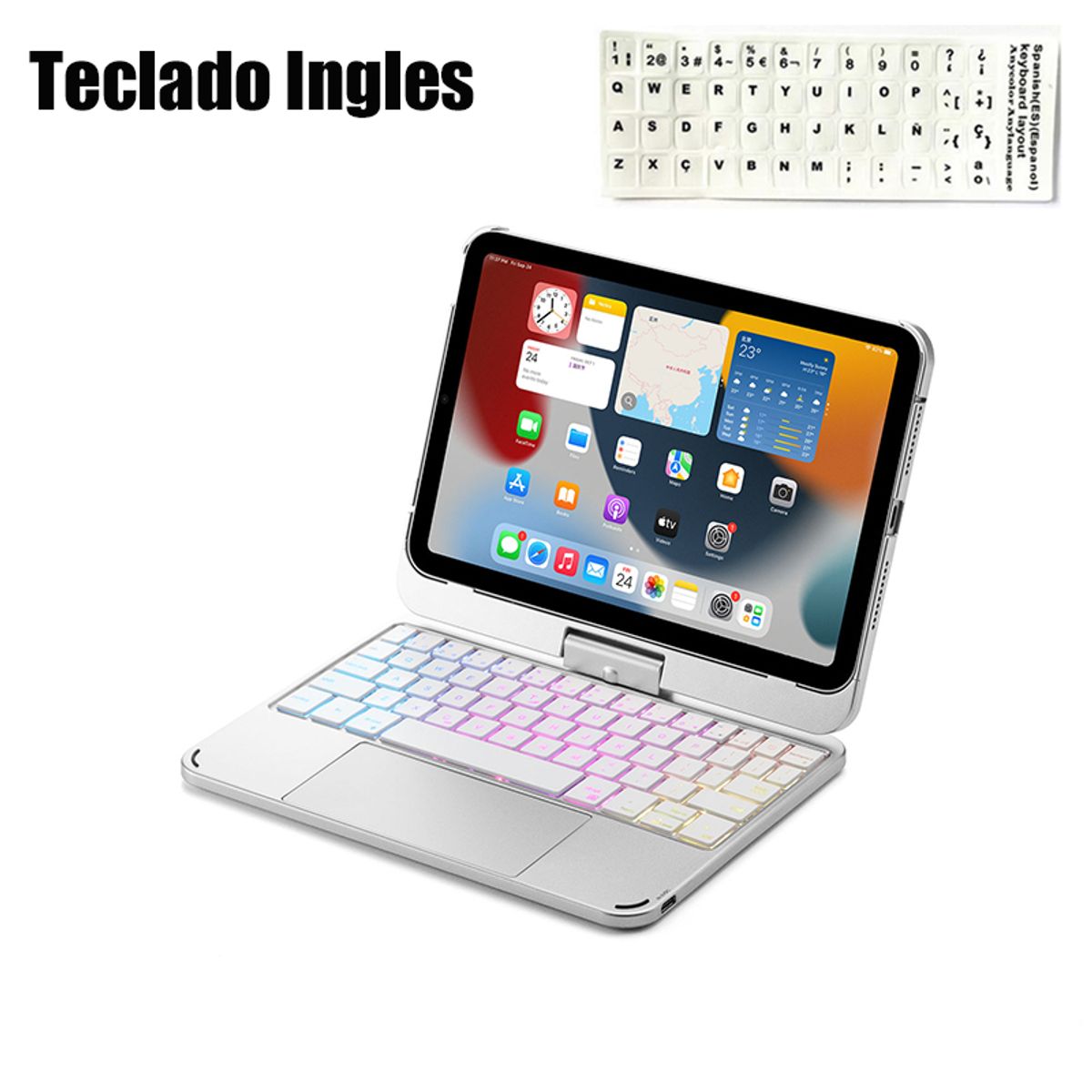 SHARGE - Teclado Inglés BT iPad mini 6/7 8.3in Rotación 360° Plata SemiNuevo
