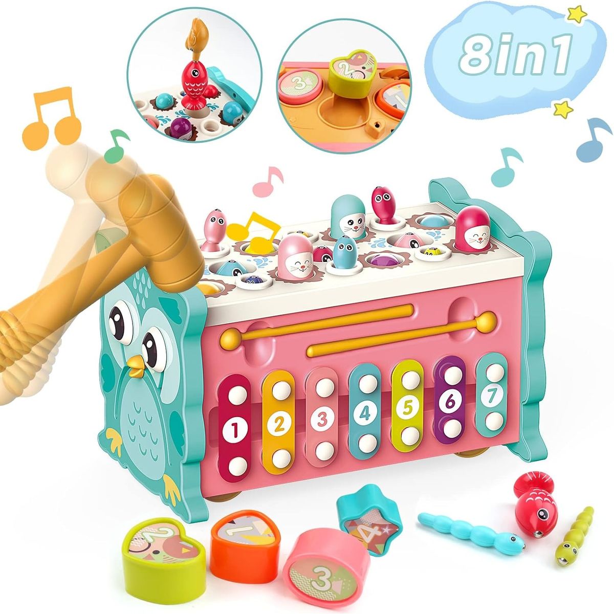 TATEE - Juguetes 3 en 1 golpear topos y pesca y golpea el piano