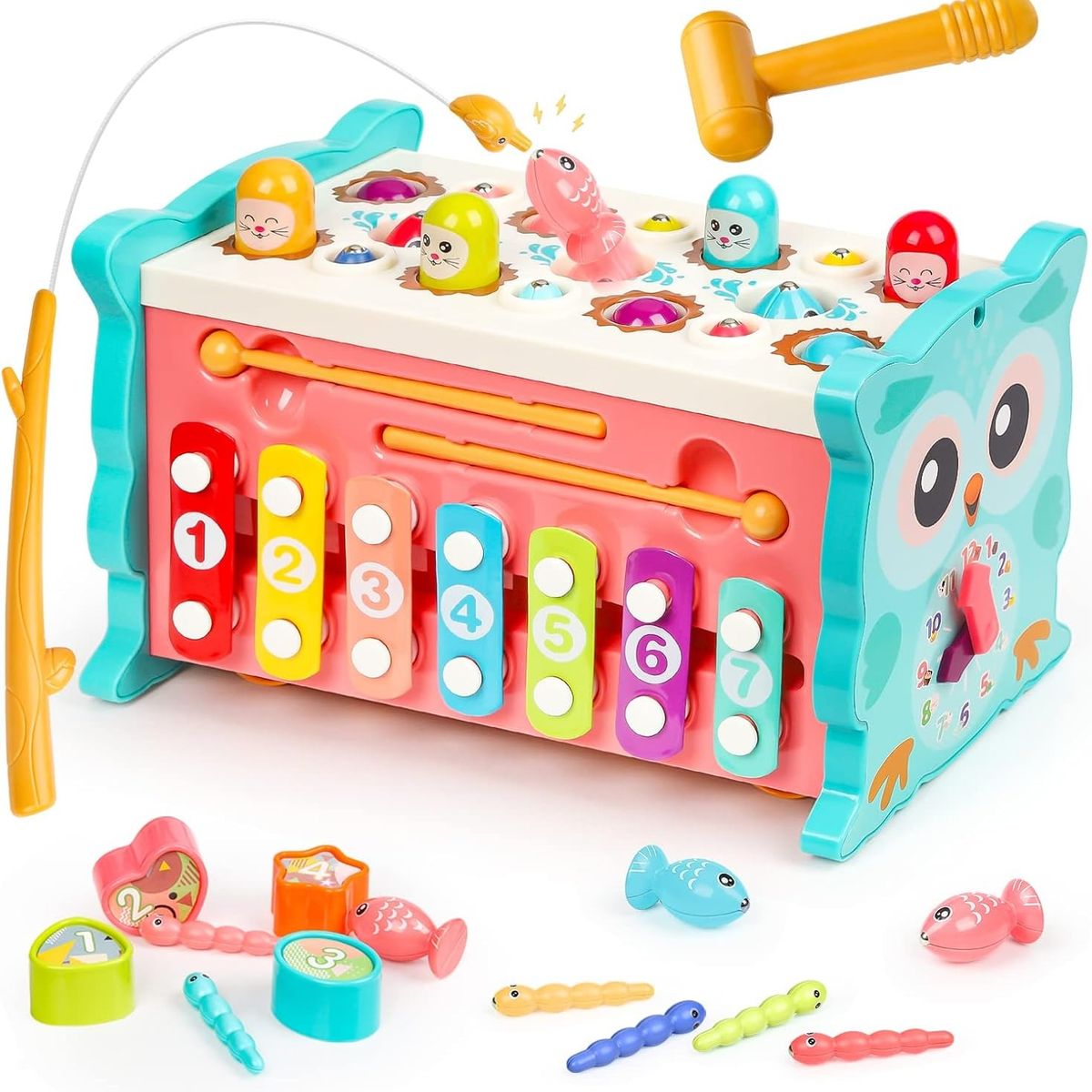 TATEE - Juguetes 3 en 1 golpear topos y pesca y golpea el piano