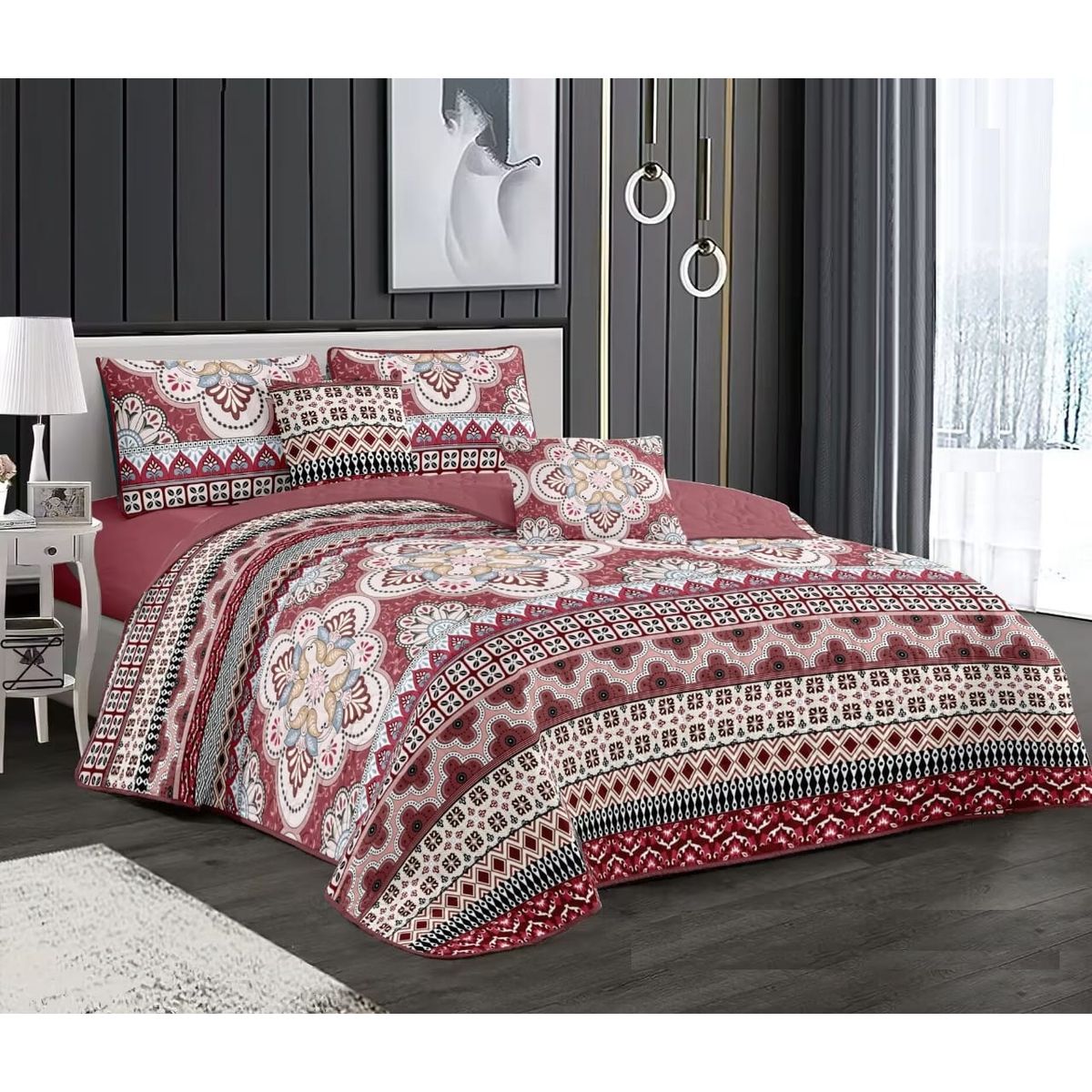 GENERICO - CUBRECAMA KING FLOR MANDALA ROJO MODERNO ELEGANTE DELGADO DE VERANO TF