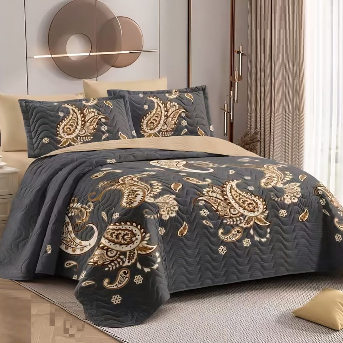 GENERICO - CUBRECAMA KING GRIS HOJAS MODERNO ELEGANTE DELGADO DE VERANO TF