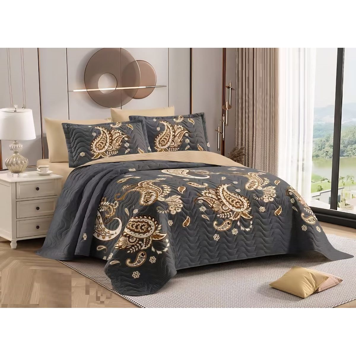 GENERICO - CUBRECAMA KING GRIS HOJAS MODERNO ELEGANTE DELGADO DE VERANO TF