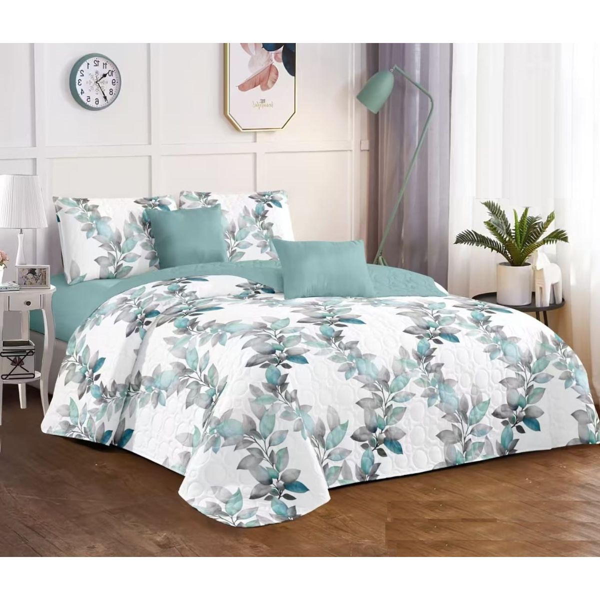 GENERICO - CUBRECAMA 2 PLAZA  HOJA TURQUESA QUILT DELGADO DE VERANO TF