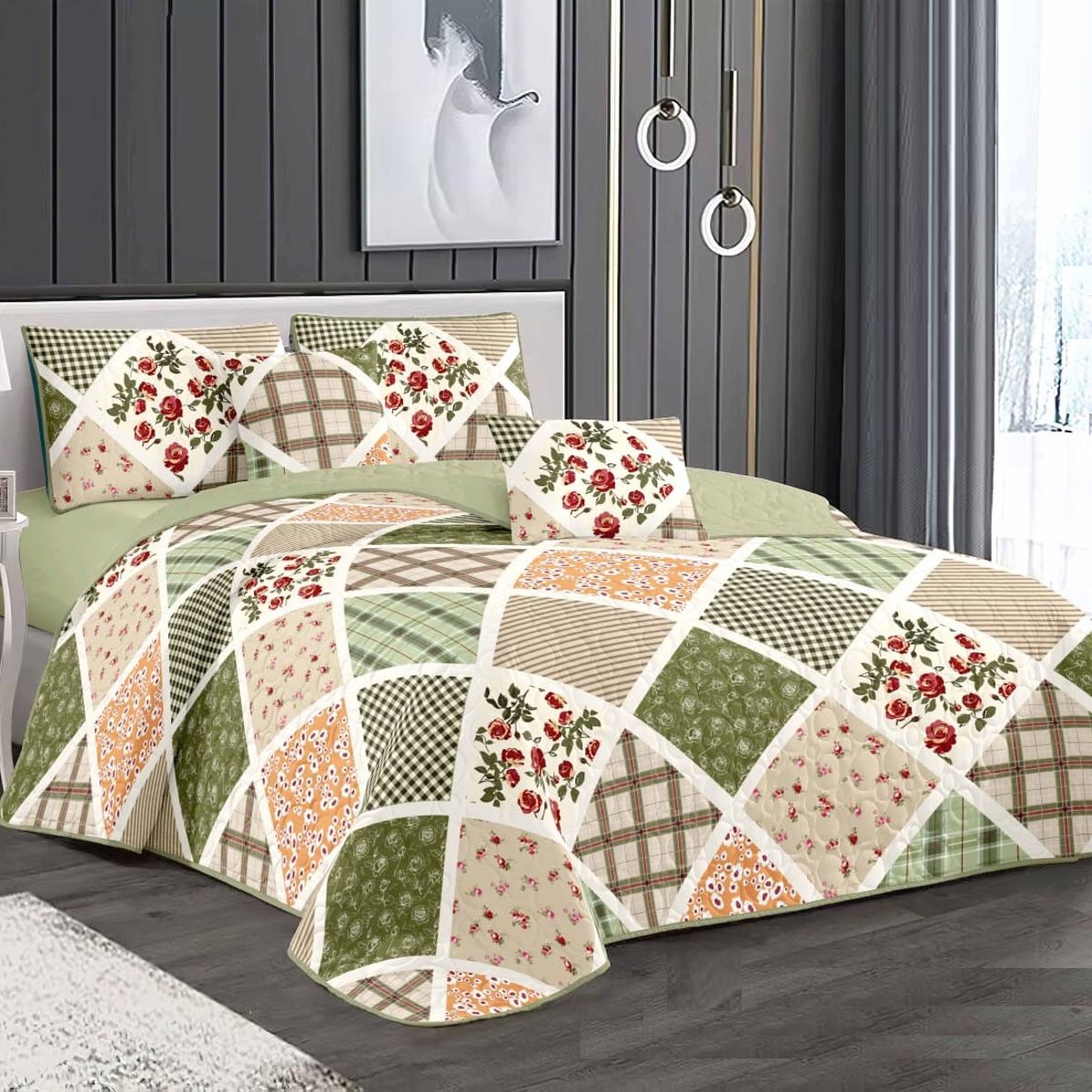 GENERICO - CUBRECAMA 2 PLAZA  DISEÑO CUADRO VERDE QUILT DELGADO DE VERANO TF