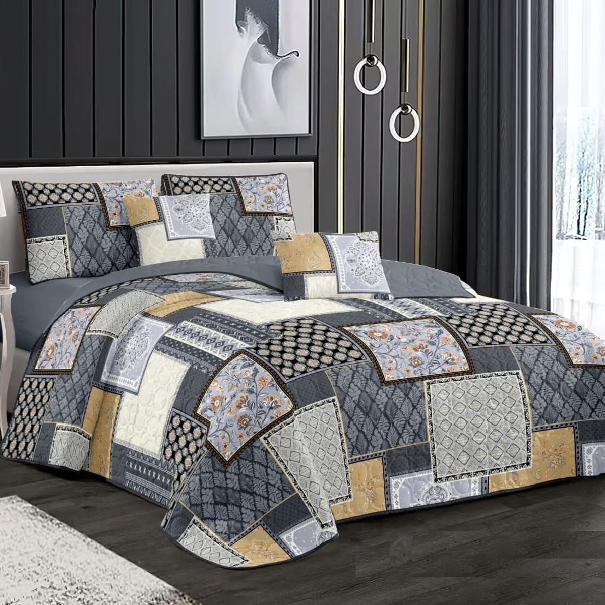 GENERICO - CUBRECAMA 2 PLAZA CUADRO DISEÑO RETAZO GRIS QUILT DELGADO DE VERANO TF