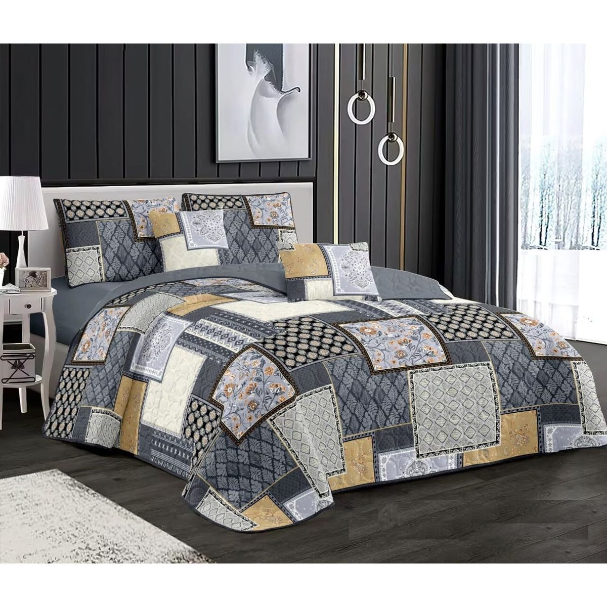 GENERICO - CUBRECAMA 2 PLAZA CUADRO DISEÑO RETAZO GRIS QUILT DELGADO DE VERANO TF