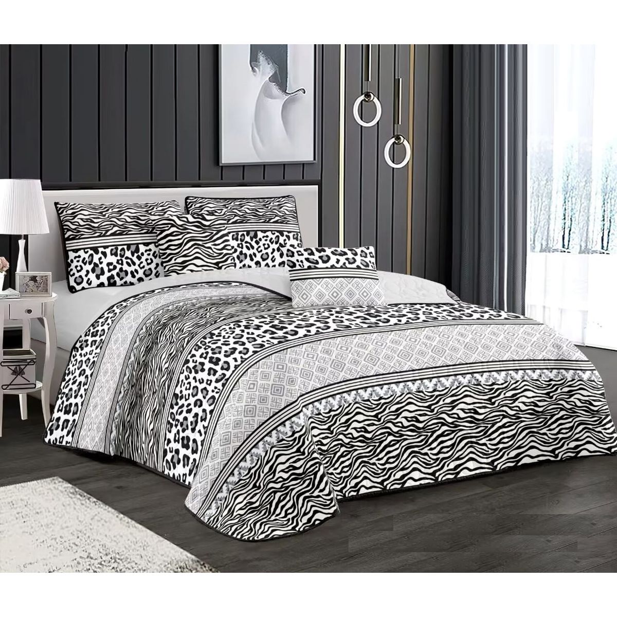 GENERICO - CUBRECAMA 2 PLAZA  GRIS ANIMAL PRINT MODERNO QUILT DELGADO DE VERANO TF