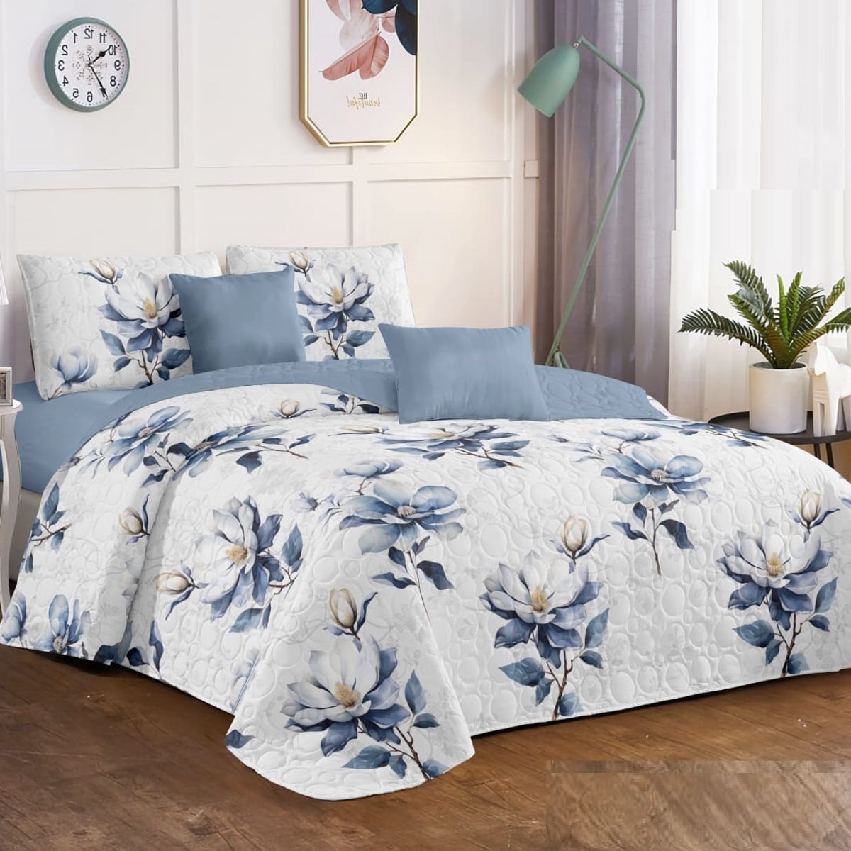 GENERICO - CUBRECAMA 2 PLAZA  FLOR AZUL MODERNO QUILT DELGADO DE VERANO TF