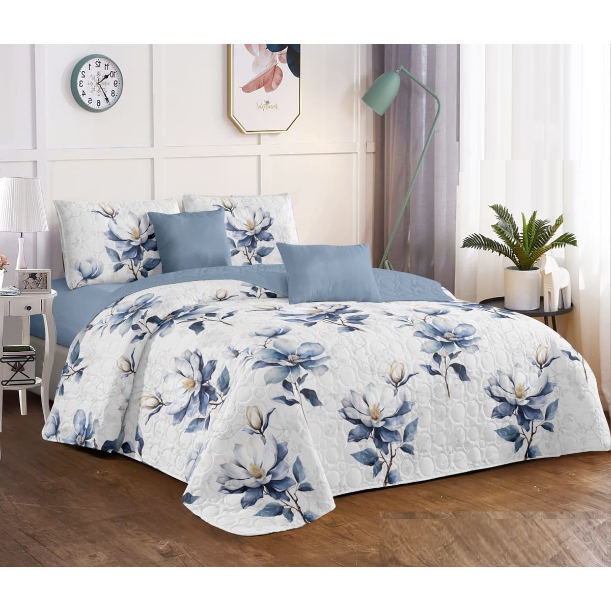 GENERICO - CUBRECAMA 2 PLAZA  FLOR AZUL MODERNO QUILT DELGADO DE VERANO TF
