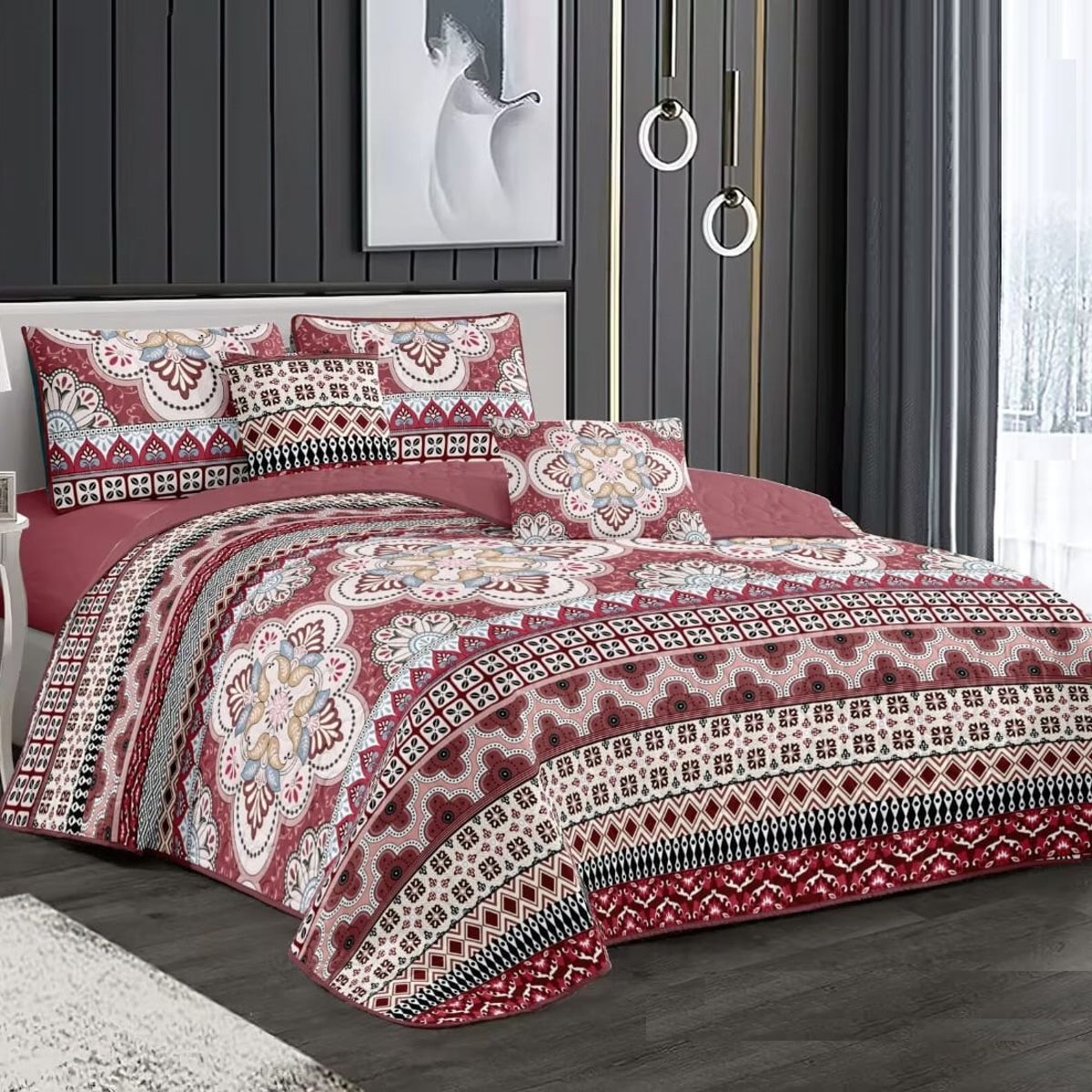 GENERICO - CUBRECAMA 2 PLAZA  FLOR  MANDALA ROJO  QUILT DELGADO DE VERANO TF