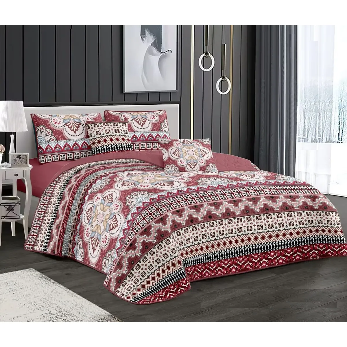 GENERICO - CUBRECAMA 2 PLAZA  FLOR  MANDALA ROJO  QUILT DELGADO DE VERANO TF
