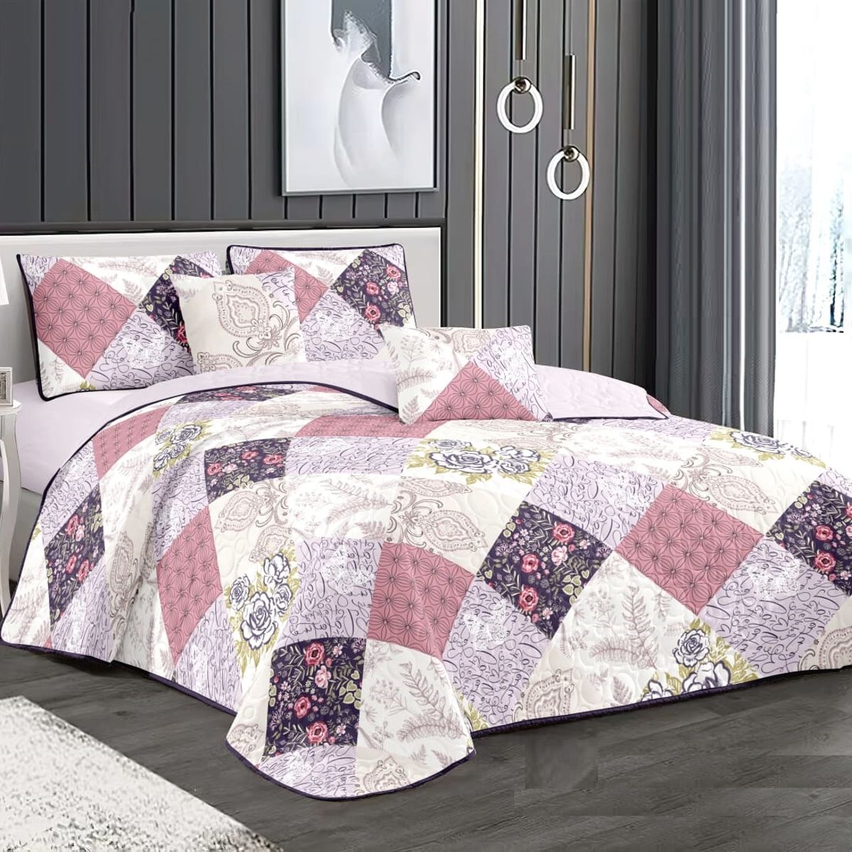 GENERICO - CUBRECAMA 2 PLAZA  CUADRO CON FLORES QUILT DELGADO DE VERANO TF
