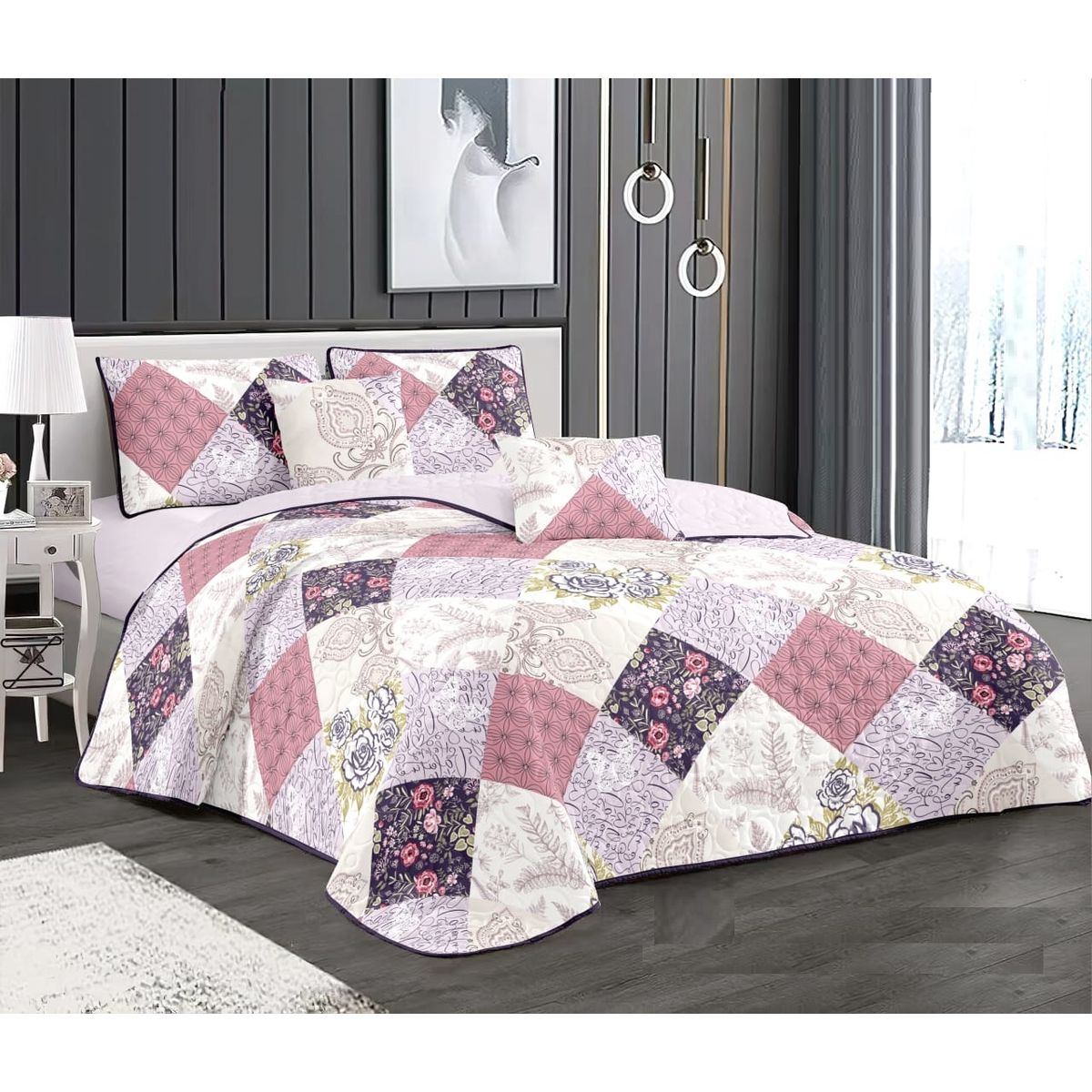 GENERICO - CUBRECAMA 2 PLAZA  CUADRO CON FLORES QUILT DELGADO DE VERANO TF