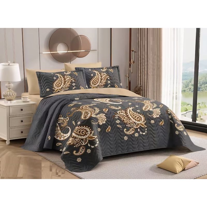 GENERICO - CUBRECAMA 2 PLAZA  GRIS HOJAS MARRON QUILT DELGADO DE VERANO TF
