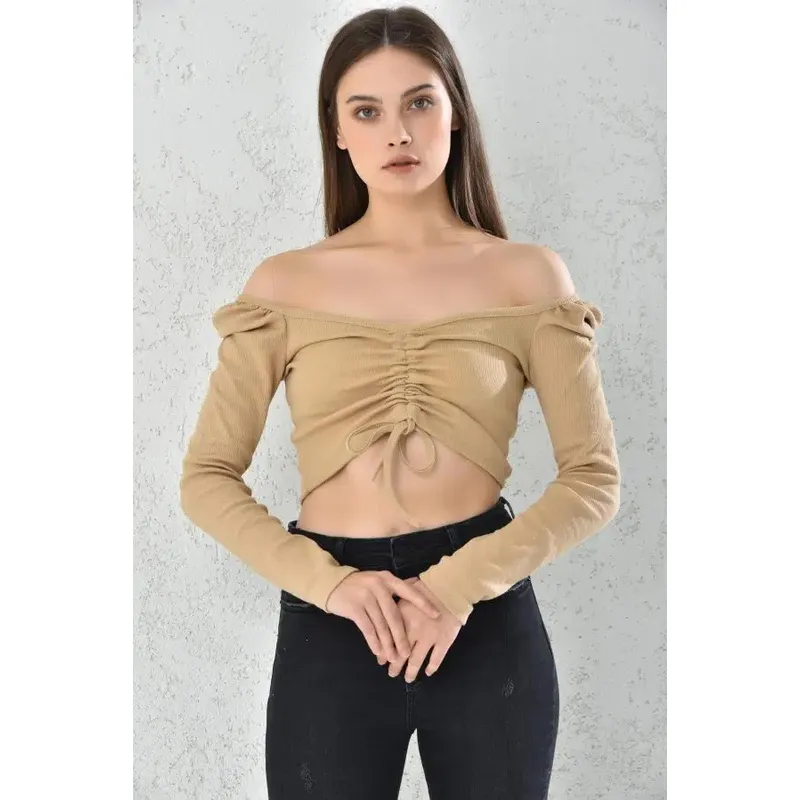 MROTTO - Top Crop Mujer Manga Larga Beige Fruncido Escote Hombros Descubiertos