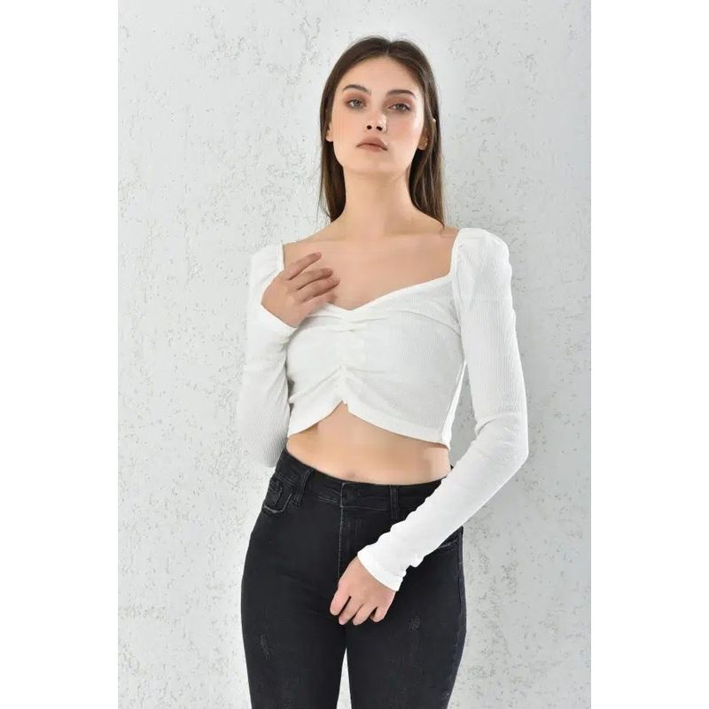 MROTTO - Top Crop Mujer Manga Larga Blanco Fruncido Escote Hombros Descubiertos