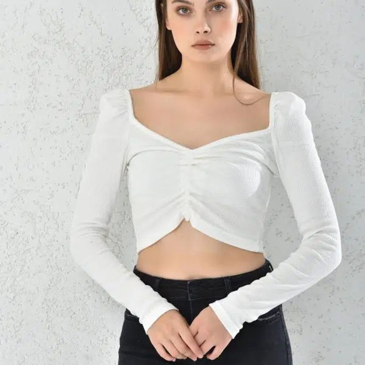MROTTO - Top Crop Mujer Manga Larga Blanco Fruncido Escote Hombros Descubiertos