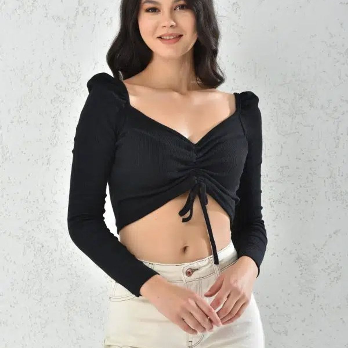 MROTTO - Top Crop Mujer Manga Larga Negro Fruncido Escote Hombros Descubiertos