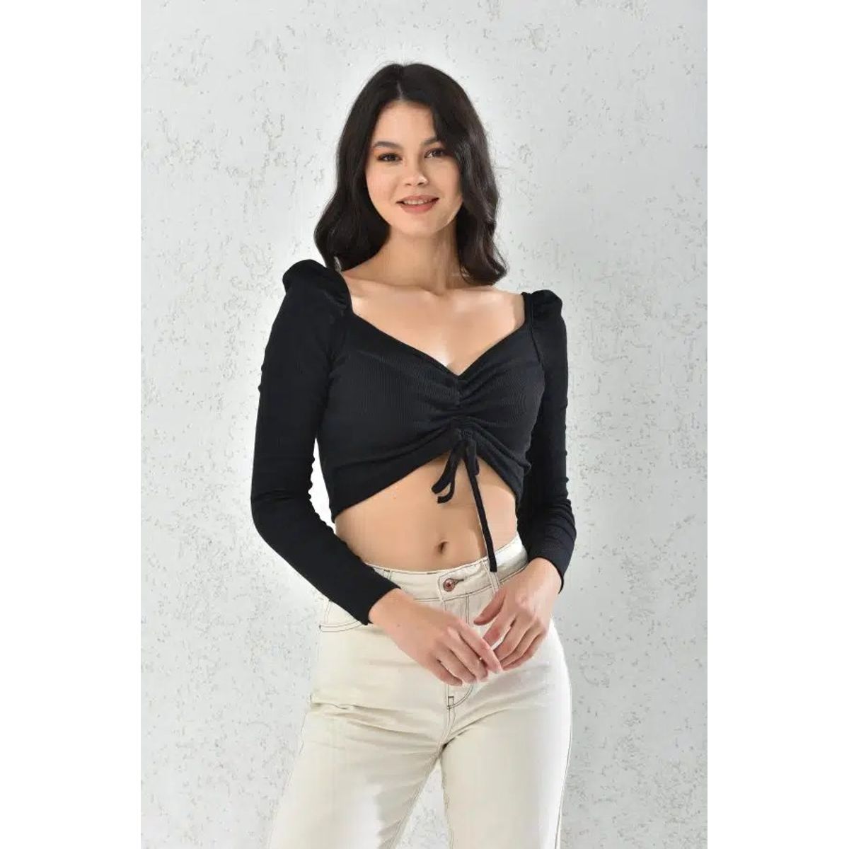 MROTTO - Top Crop Mujer Manga Larga Negro Fruncido Escote Hombros Descubiertos