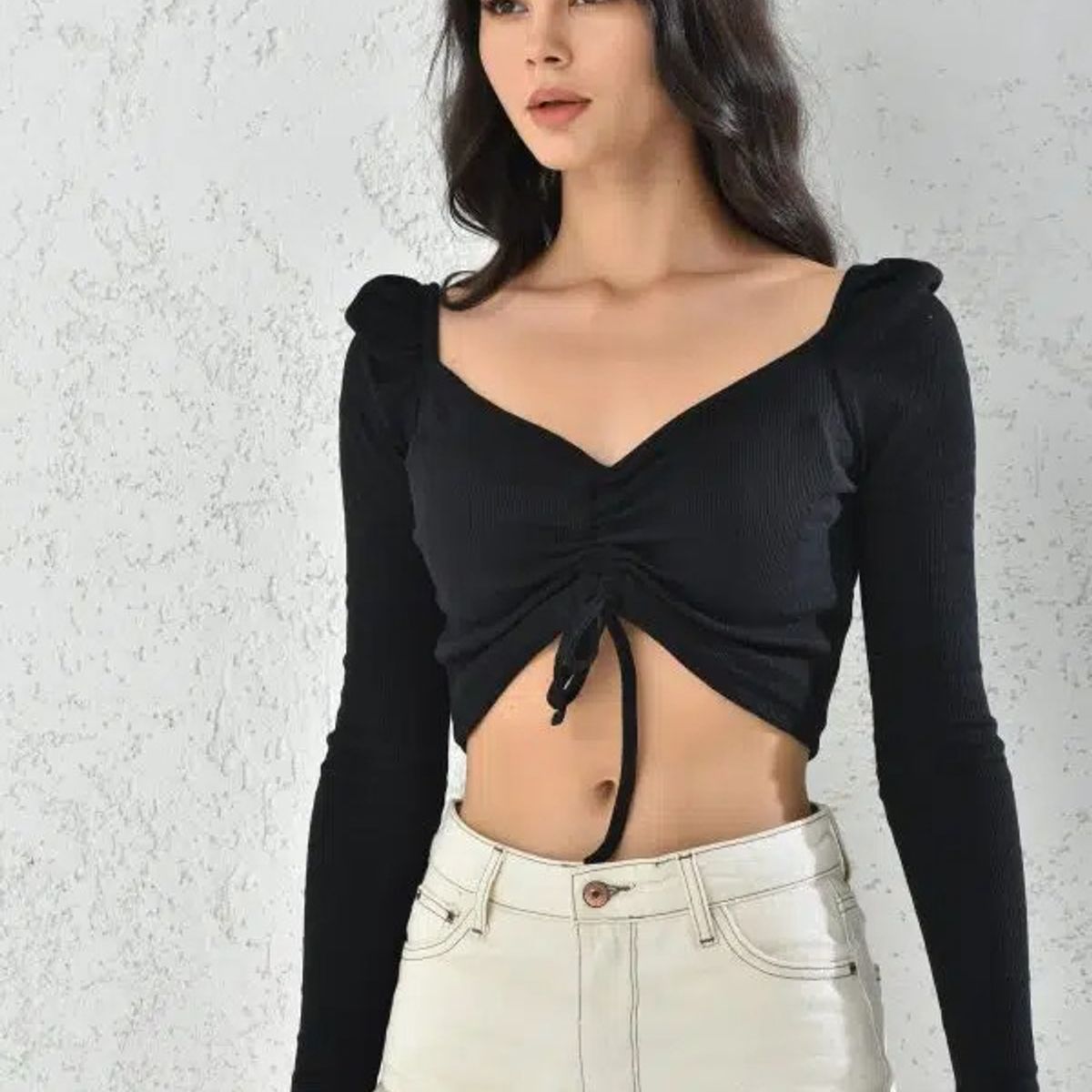 MROTTO - Top Crop Mujer Manga Larga Negro Fruncido Escote Hombros Descubiertos