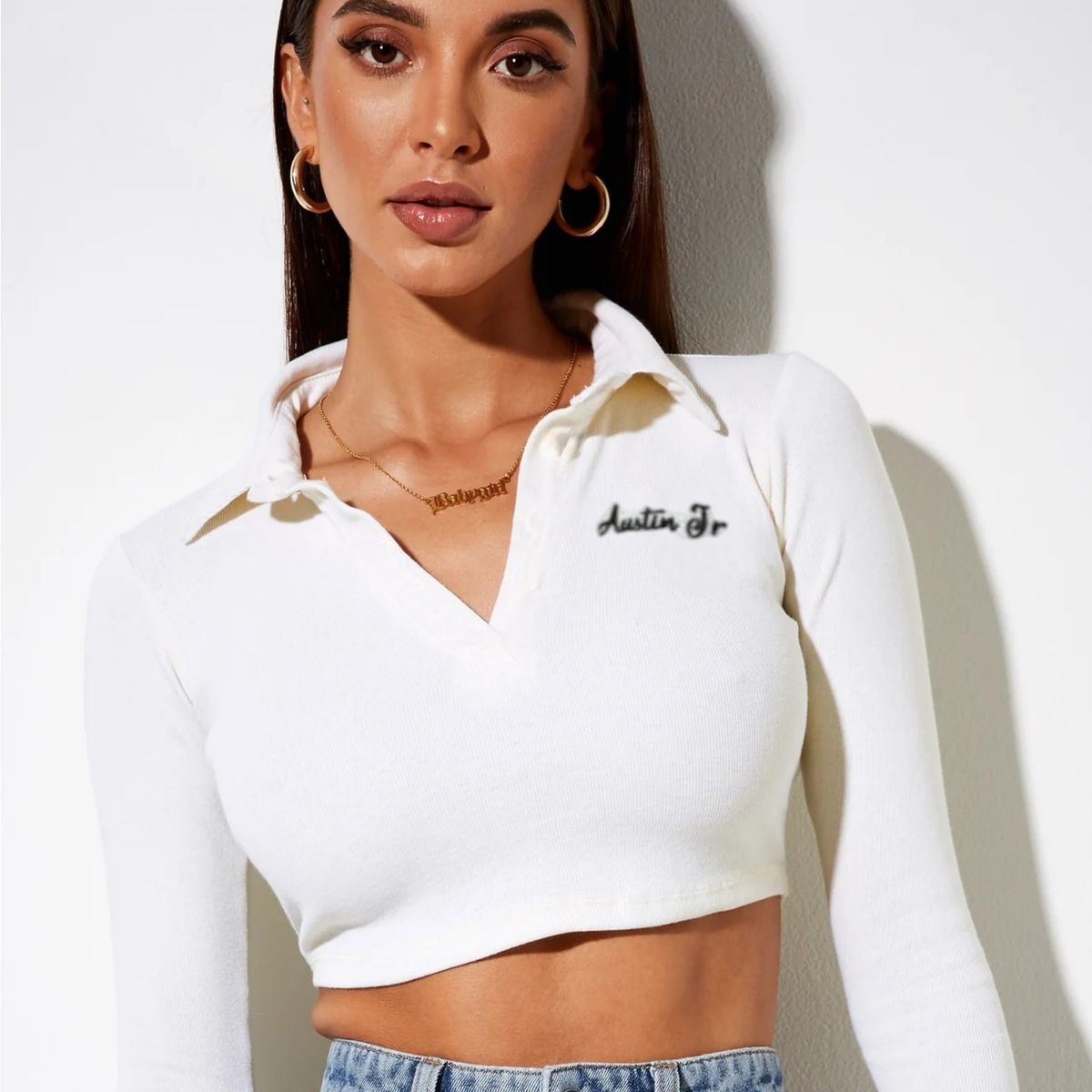 MROTTO - Top Polo Crop Mujer Blanco Manga Larga con Cuello y Bordado Austin Jr