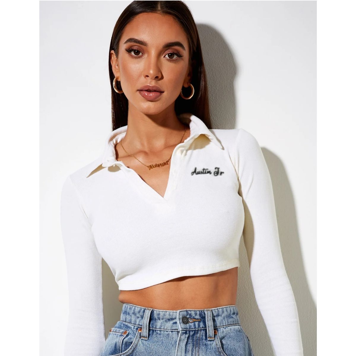 MROTTO - Top Polo Crop Mujer Blanco Manga Larga con Cuello y Bordado Austin Jr