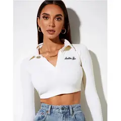 MROTTO - Top Polo Crop Mujer Blanco Manga Larga con Cuello y Bordado Austin Jr