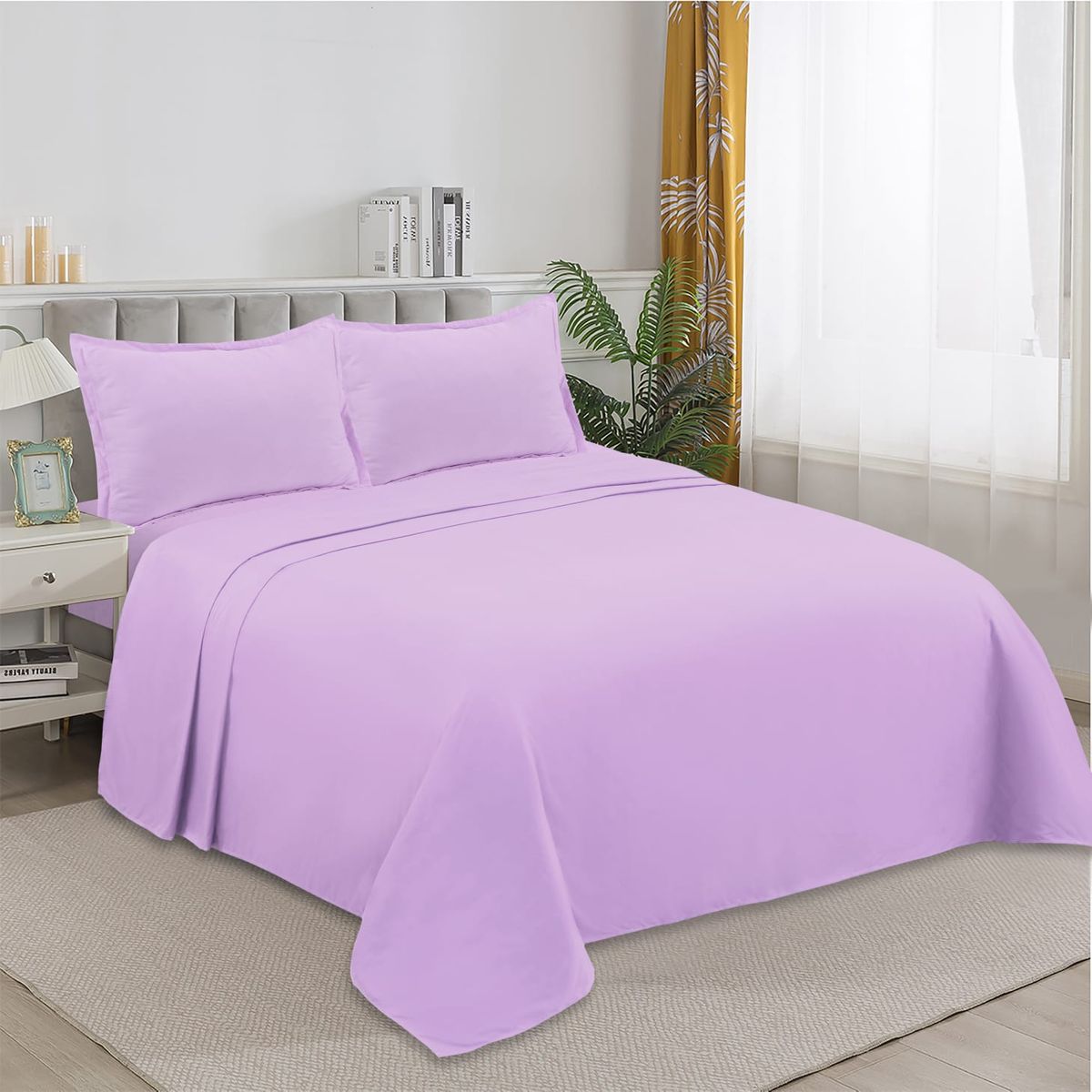 GENERICO - SABANA DE GENERO UNICOLOR 2 PLAZAS LILA 4 PIEZAS TF