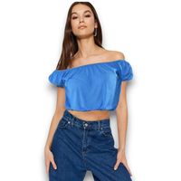 Blusa Off Shoulder Mujer Azul de Tela Liviana y Corte Suelto