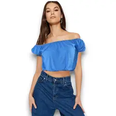 MROTTO - Blusa Off Shoulder Mujer Azul de Tela Liviana y Corte Suelto