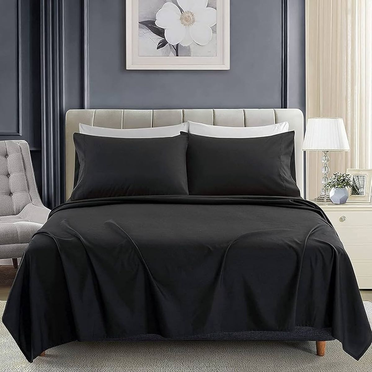 GENERICO - SABANA DE GENERO UNICOLOR 2 PLAZAS NEGRO 4 PIEZAS TF