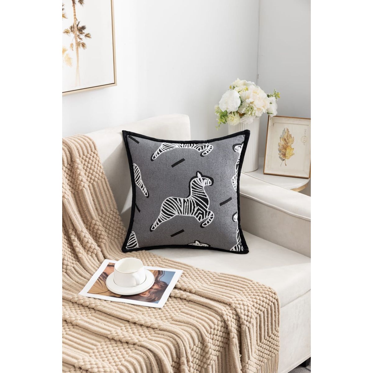 GENERICO - FUNDA CUBRE COJIN BORDADO GRIS ZEBRA 4 FUNDAS 45X45 CM TF
