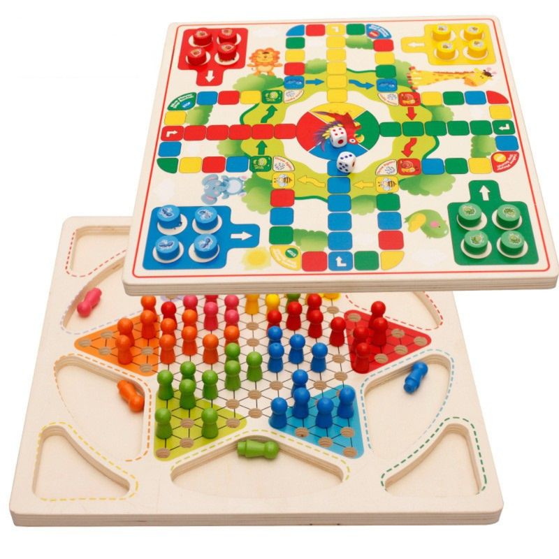 ABC - Tablero 2 en 1 Juegos de Mesa Ludo y Damas Chinas en Madera