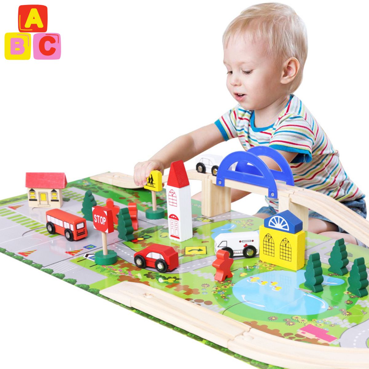 ABC - Pista Mini Ciudad con Tren de Madera y Alfombra de juego