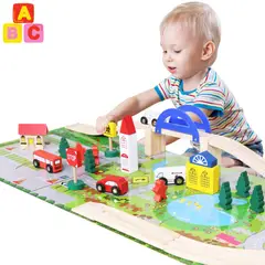 ABC - Pista Mini Ciudad con Tren de Madera y Alfombra de juego