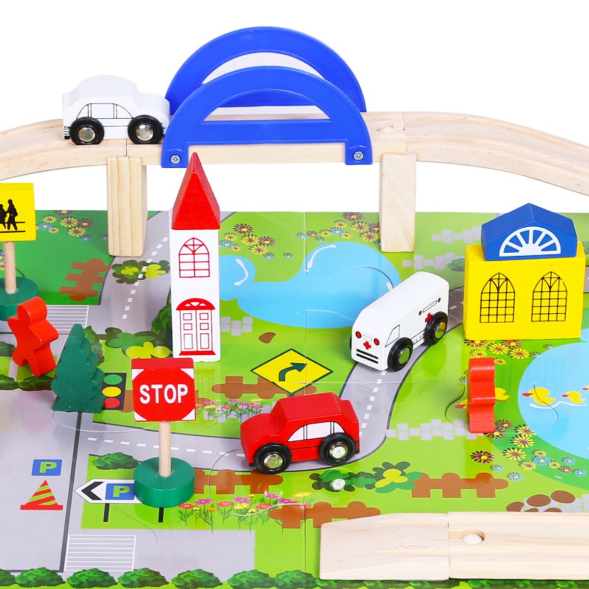 ABC - Pista Mini Ciudad con Tren de Madera y Alfombra de juego