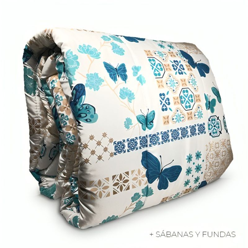 GENERICO - Plumón Estampado + Funda + Sábanas 1,5 plazas / Mariposas Azul Celeste