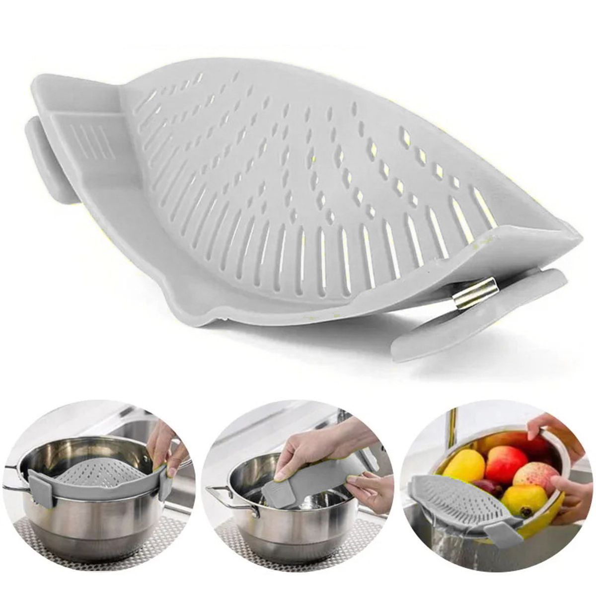 ESPACIO SEOUL - Escurridor Colador Alimentos SIlicona con Clip Ollas y Sartenes Pastas